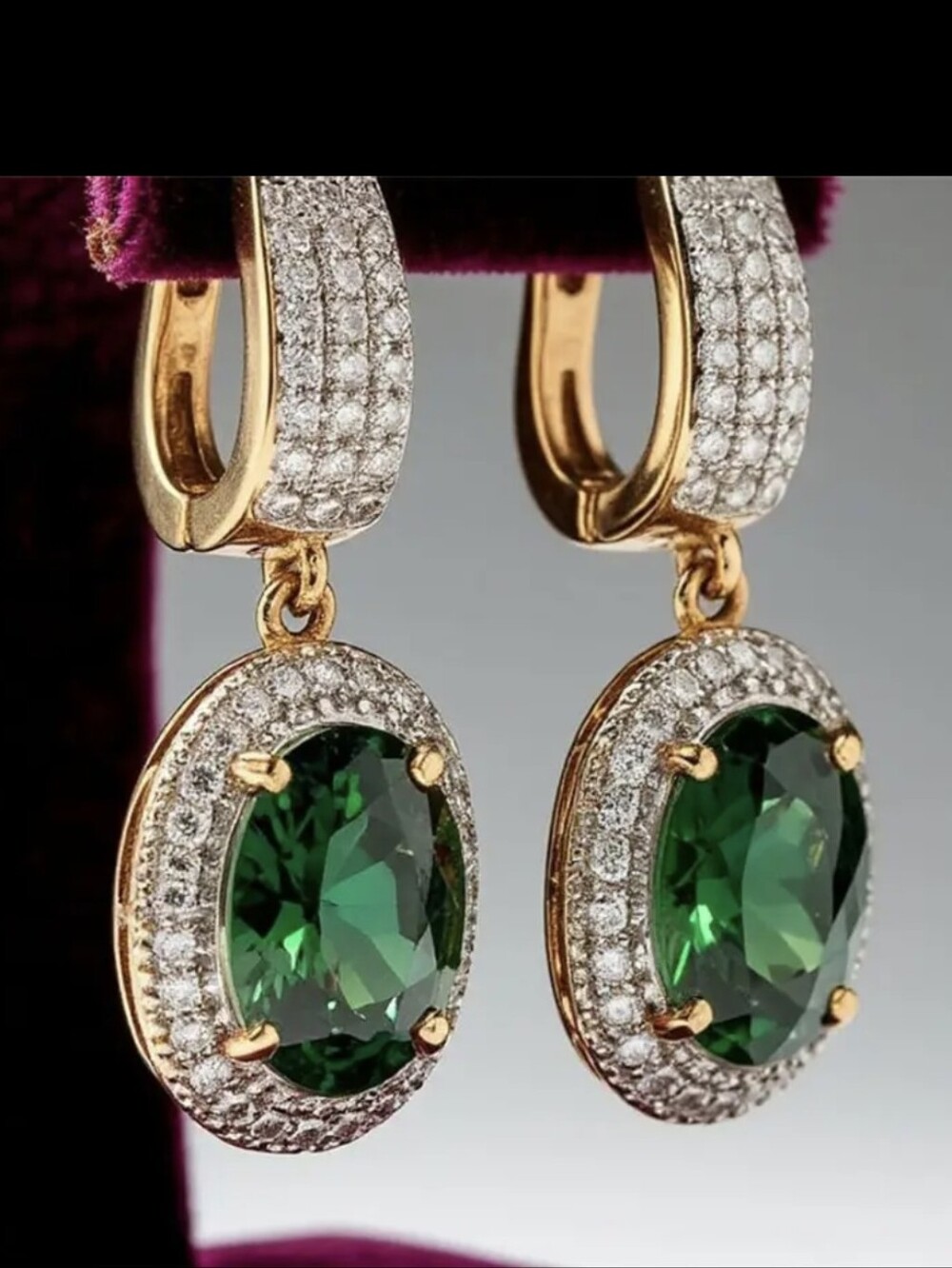 Gold Plated Green Emerald Diamond Earrings